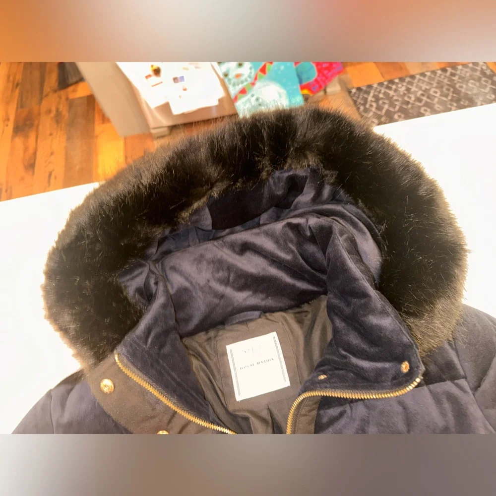 NWOT Royal Matrix Navy Puffer Jacket with Black‎ Fur Hood and Gold Button Detail